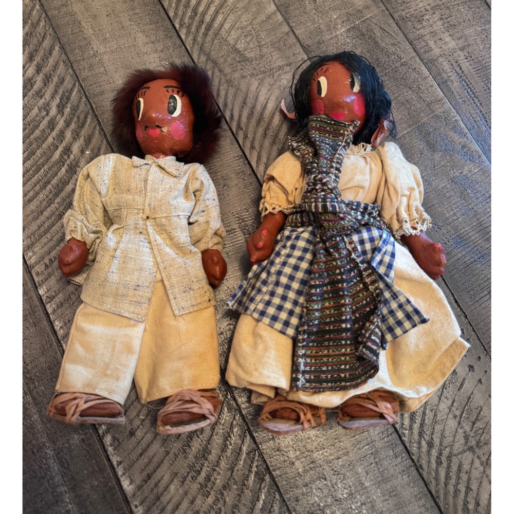 Vintage Folk Art Dolls Man and Woman Set of 2 Hand Painted Clothes Paper Mache